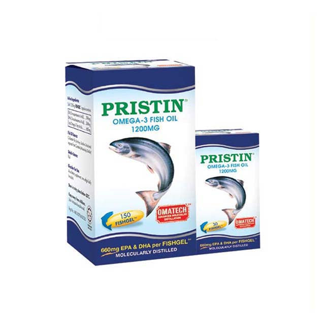 Pristin omega-3 fish oil 1200mg supplement box with fish illustration and smaller box beside it