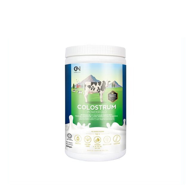 ETERNAL WISE colostrum powder supplement container featuring high-quality bovine colostrum for immune support