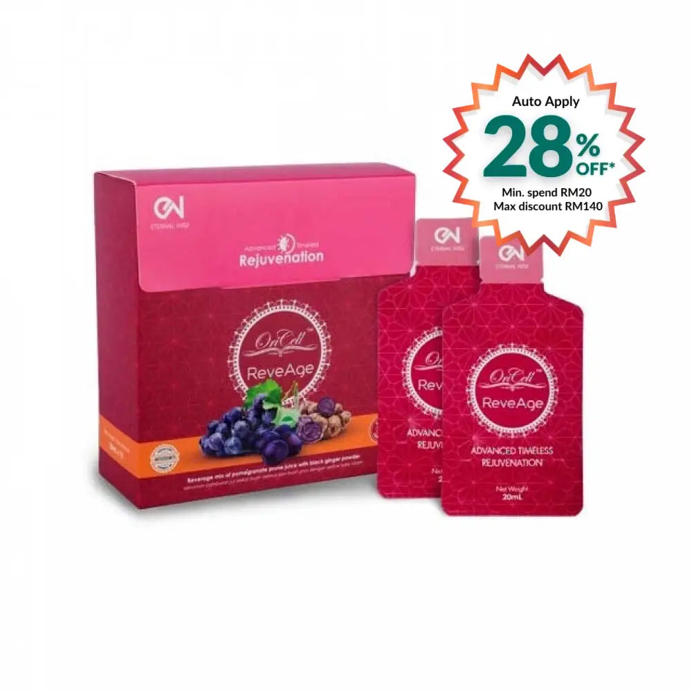 ETERNAL WISE Oricell ReveAge supplement in a red box with individual packets for advanced timeless rejuvenation