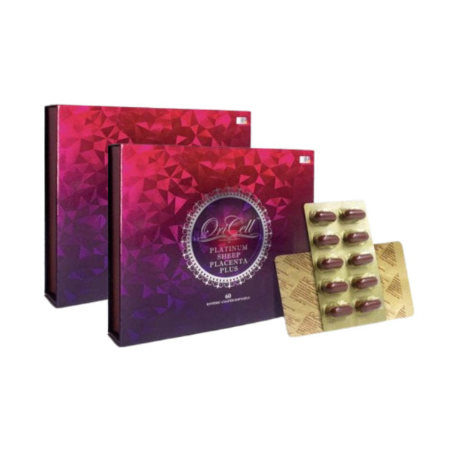 Oricell sheep placenta supplements in packaging with capsules for skin health and rejuvenation