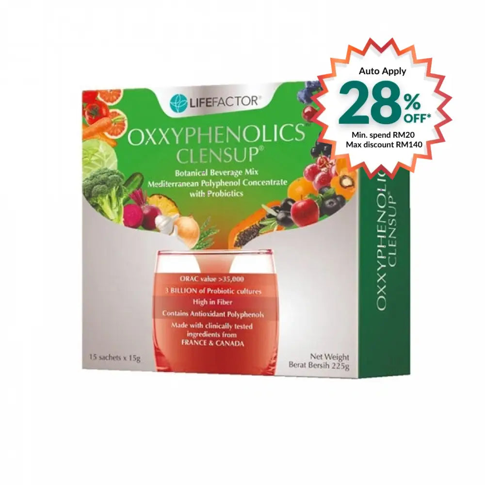 LIFE FACTOR OXXYPHENOLICS CLENSUP probiotic drink mix with antioxidants and fiber in a box of 15 sachets