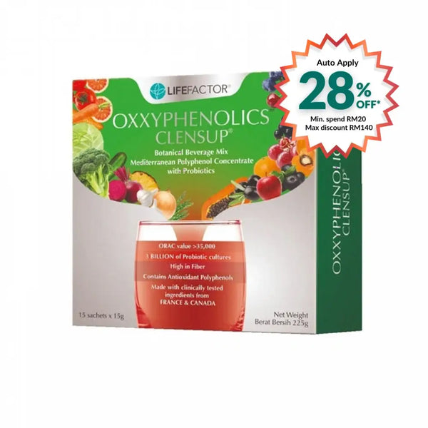 LIFE FACTOR OXXYPHENOLICS CLENSUP probiotic drink mix with antioxidants and fiber in a box of 15 sachets