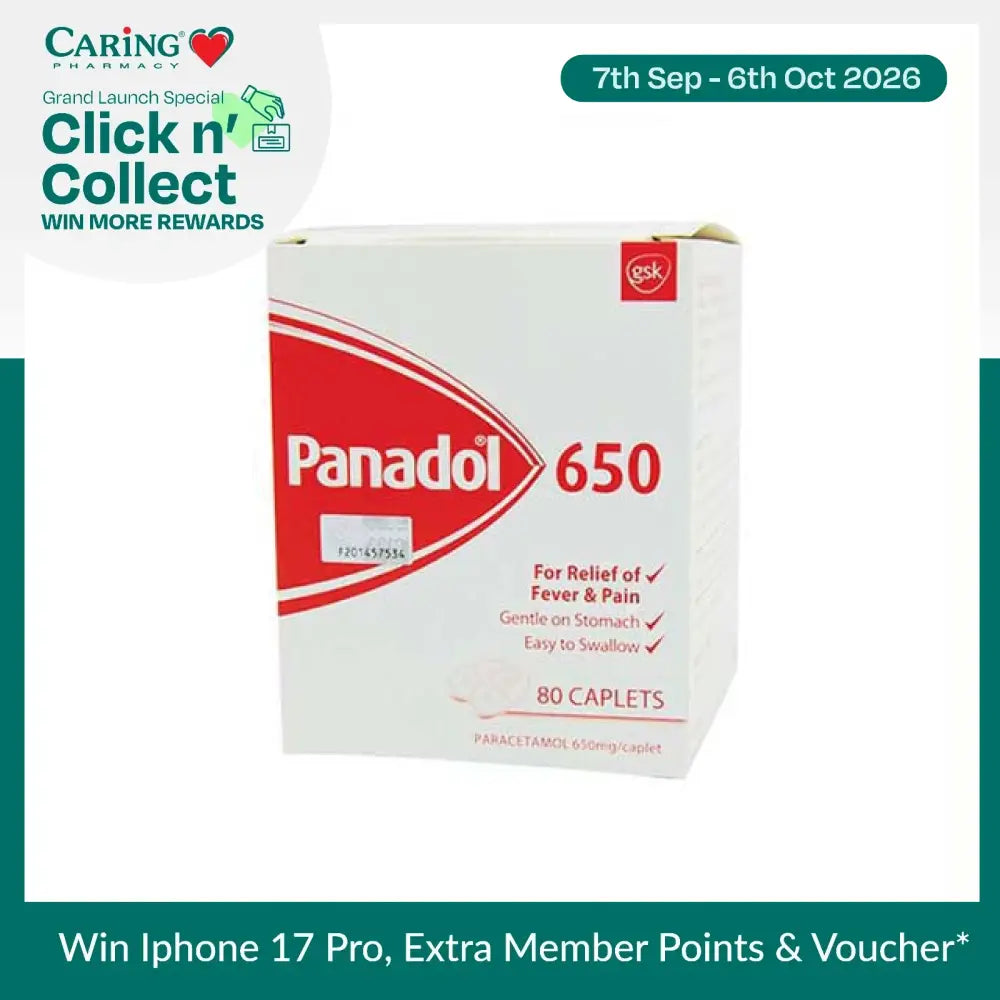 Panadol 650mg caplets in packaging of 80 for relief of fever and pain, easy to swallow