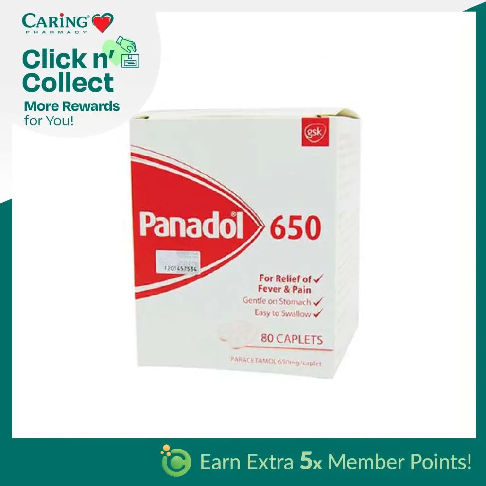 Panadol 650mg caplets in packaging of 80 for relief of fever and pain, easy to swallow
