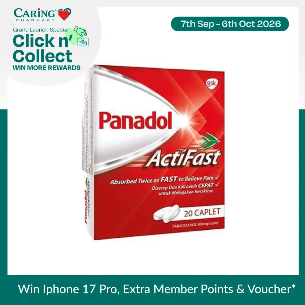 Panadol Actifast 20s pack featuring caplets for fast pain relief with active ingredients