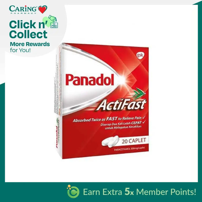 Panadol Actifast 20s pack featuring caplets for fast pain relief with active ingredients