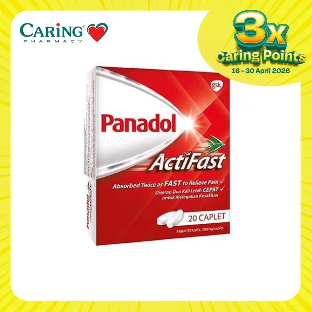 Panadol Actifast 20s pack featuring caplets for fast pain relief with active ingredients