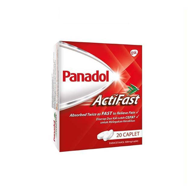 Panadol Actifast 20s pack featuring caplets for fast pain relief with active ingredients