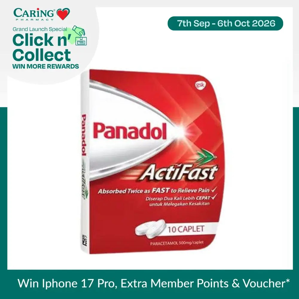 Panadol Actifast 10 caplets packaging, designed for fast pain relief with paracetamol