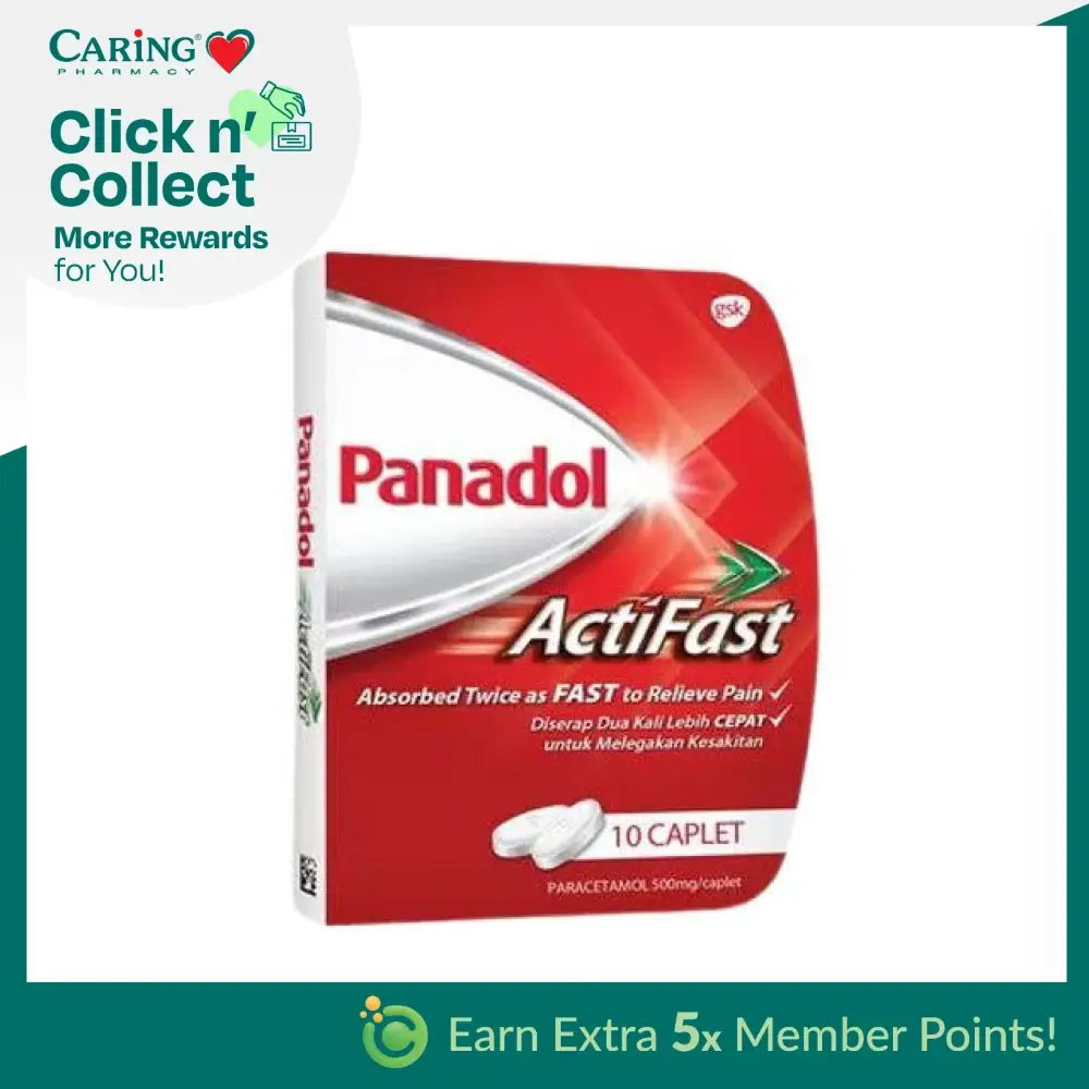 Panadol Actifast 10 caplets packaging, designed for fast pain relief with paracetamol
