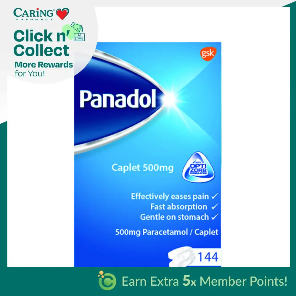 Panadol Optizorb Caplet 500mg packaging, designed for fast absorption and gentle on the stomach