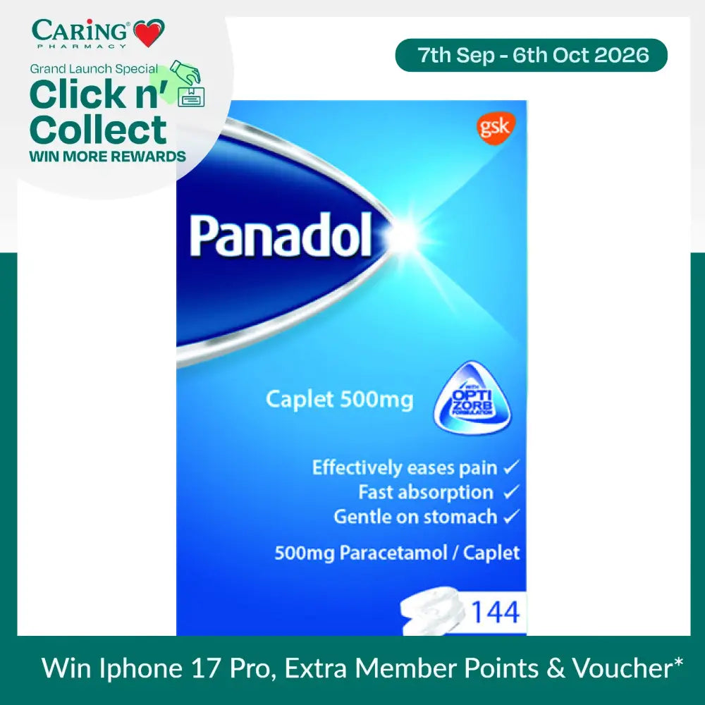 Panadol Optizorb Caplet 500mg packaging, designed for fast absorption and gentle on the stomach