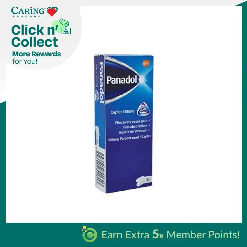 Panadol Optizorb caplet 500mg packaging, suitable for fast pain relief and gentle on the stomach