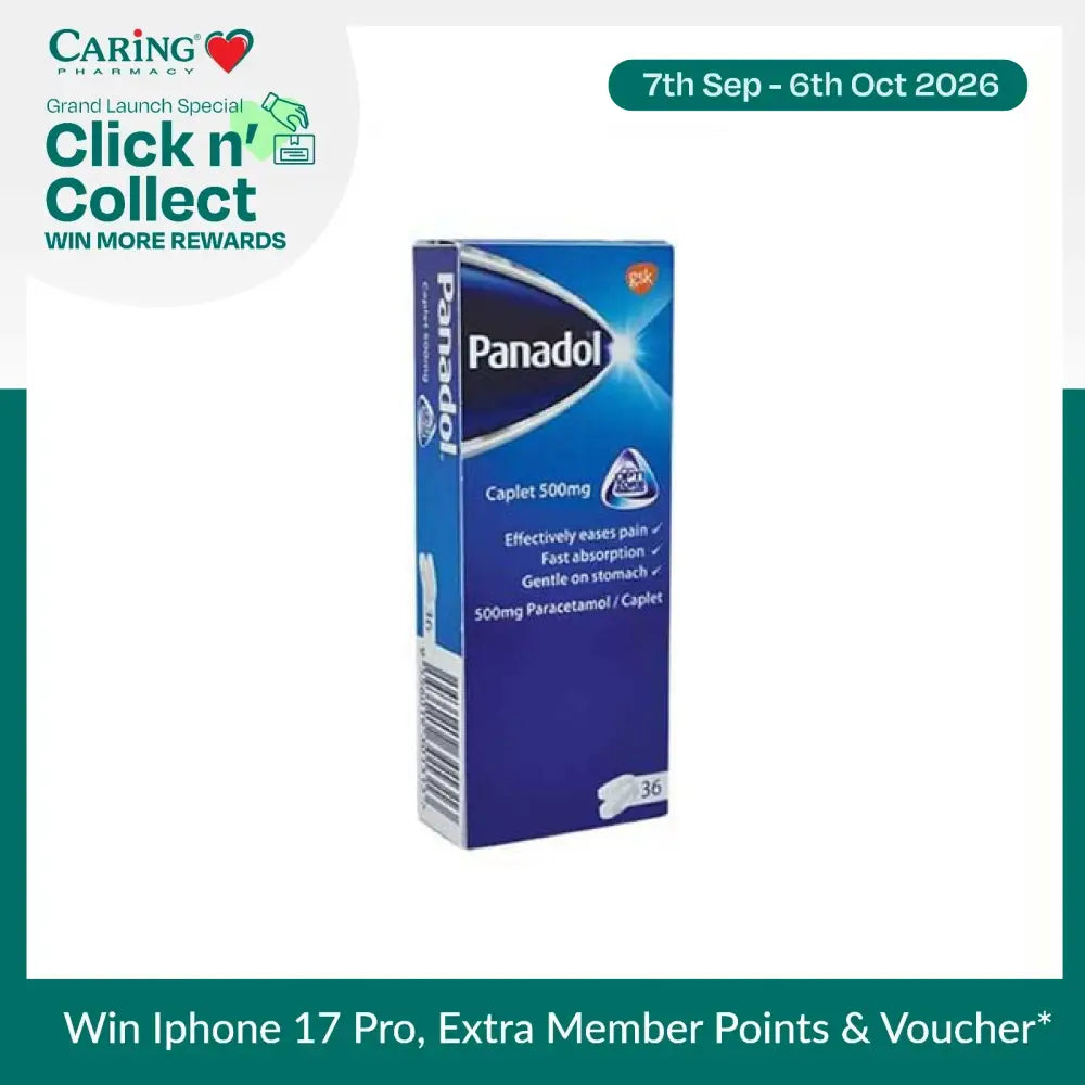 Panadol Optizorb caplet 500mg packaging, suitable for fast pain relief and gentle on the stomach