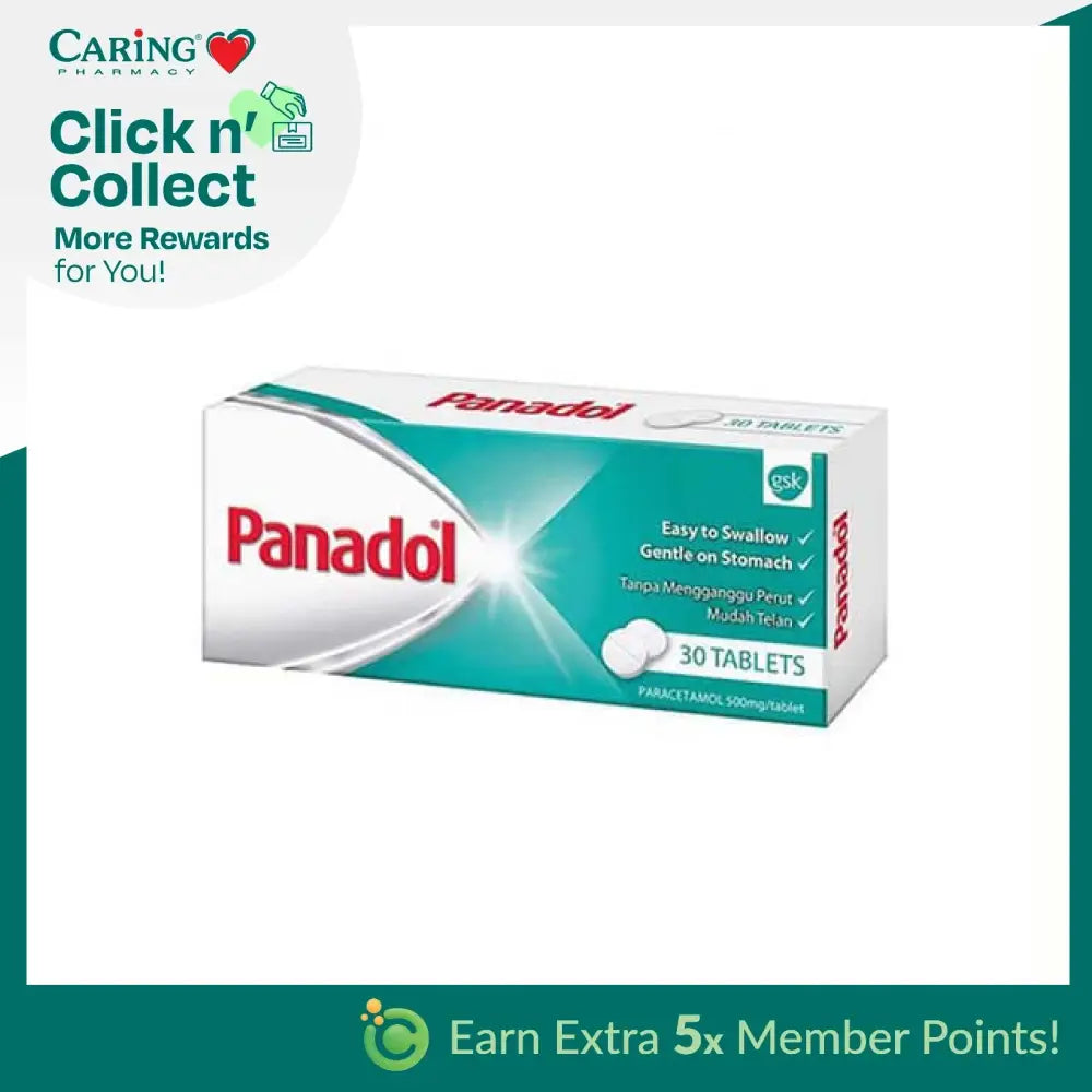 Panadol Regular 500mg tablets pack of 30, easy to swallow and gentle on stomach