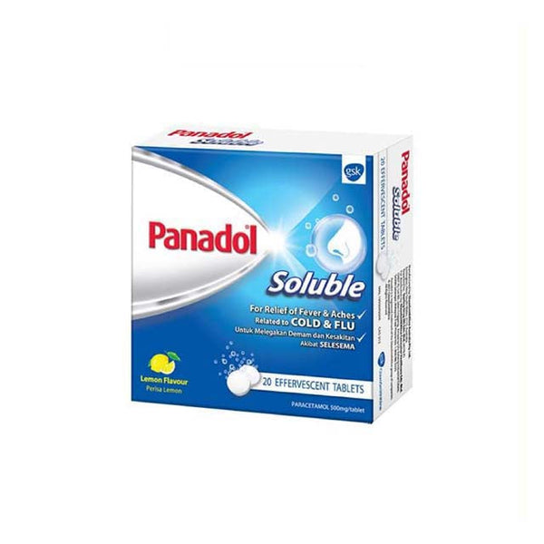 Panadol Soluble Lemon 500mg effervescent tablets for relief of fever and aches, cold and flu symptom relief
