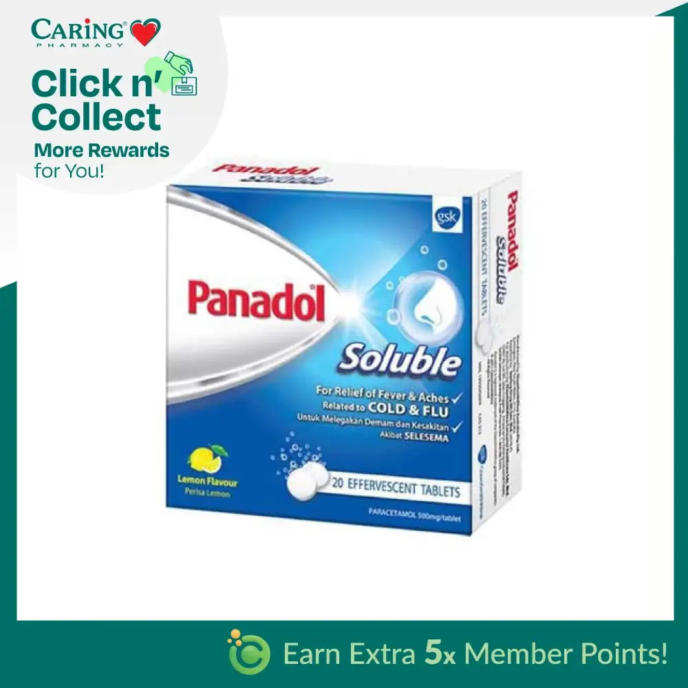 Panadol Soluble Lemon 500mg effervescent tablets for relief of fever and aches, cold and flu symptom relief