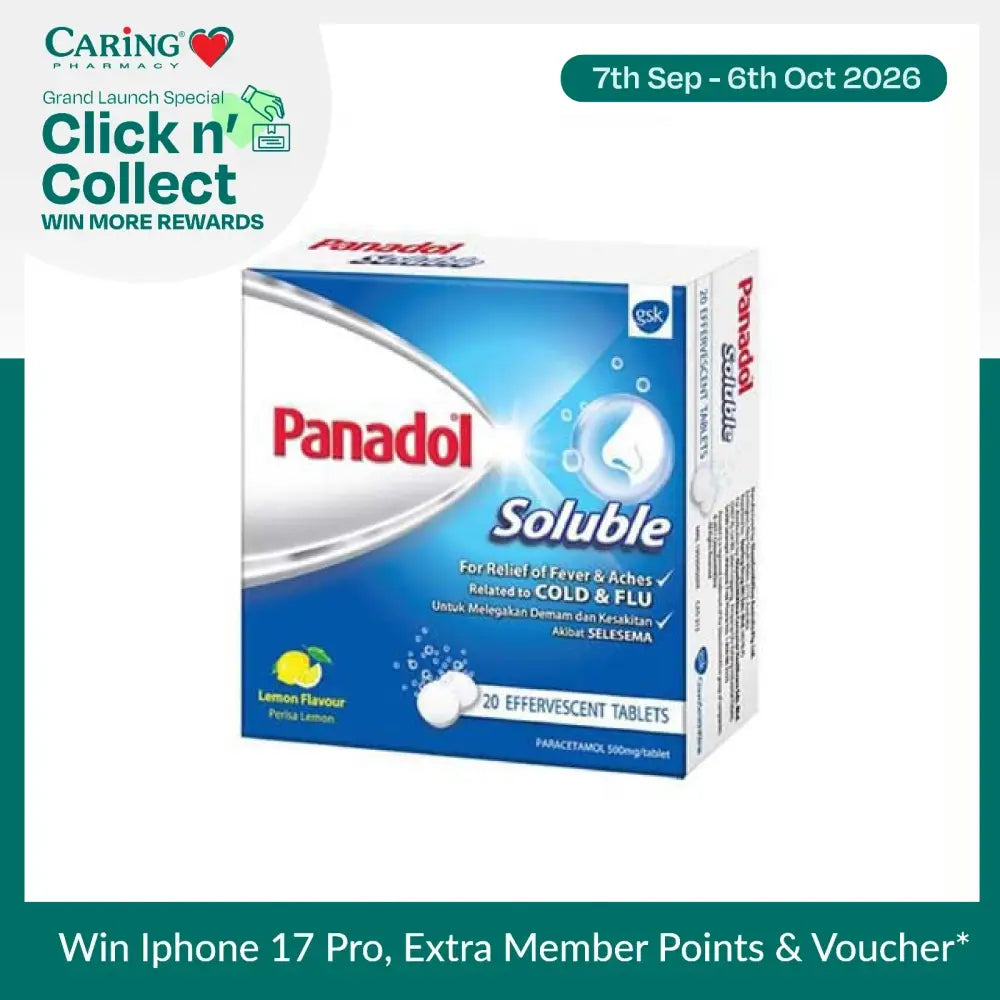Panadol Soluble Lemon 500mg effervescent tablets for relief of fever and aches, cold and flu symptom relief
