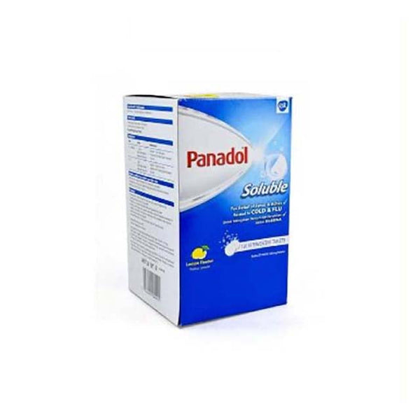 Panadol Soluble tablets in a blue box for fast relief from cold and flu symptoms