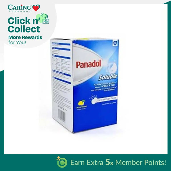 Panadol Soluble tablets in a blue box for fast relief from cold and flu symptoms
