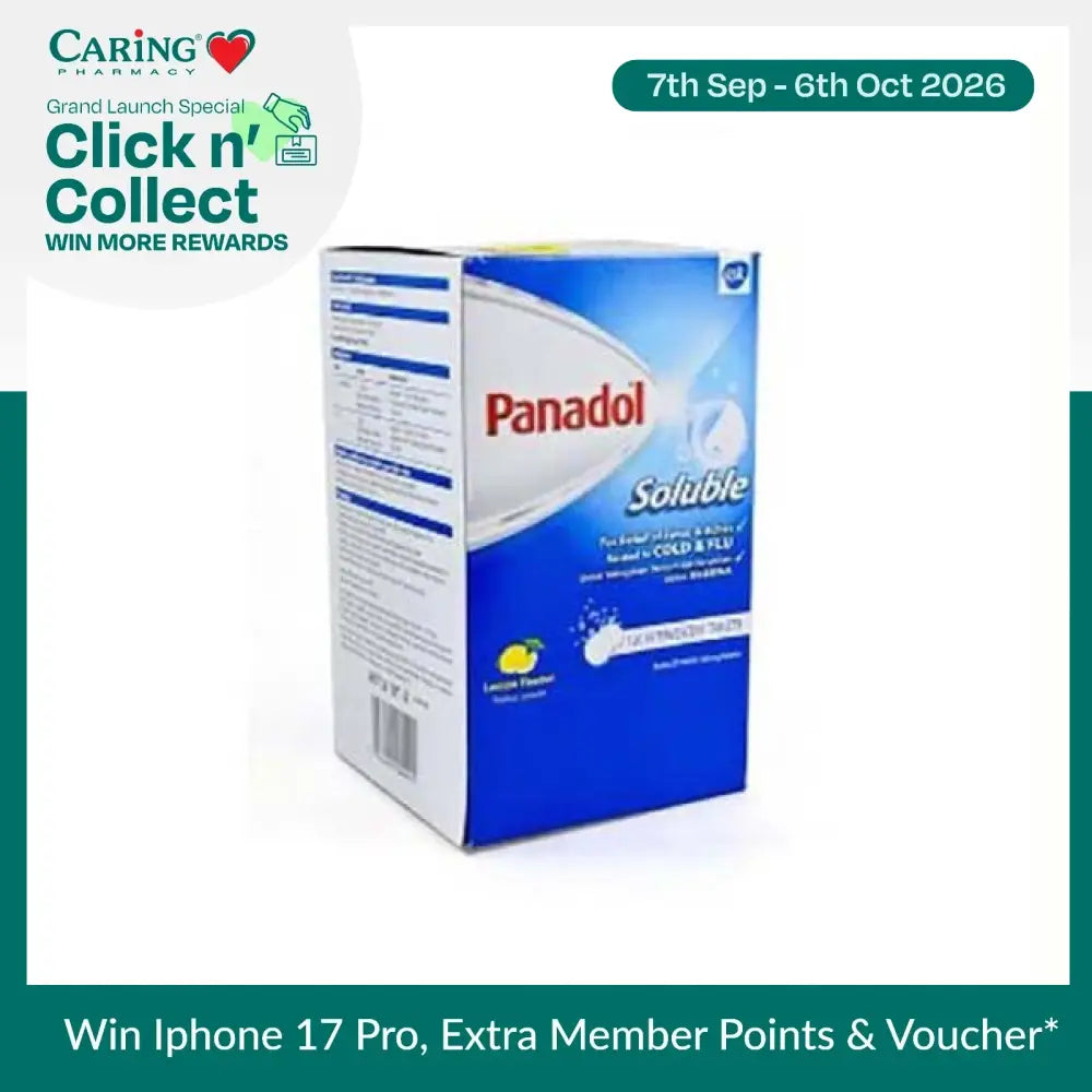 Panadol Soluble tablets in a blue box for fast relief from cold and flu symptoms