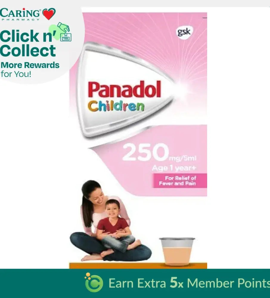 Panadol Suspension 250mg for children in orange flavor, 60 mL packaging for fever and pain relief