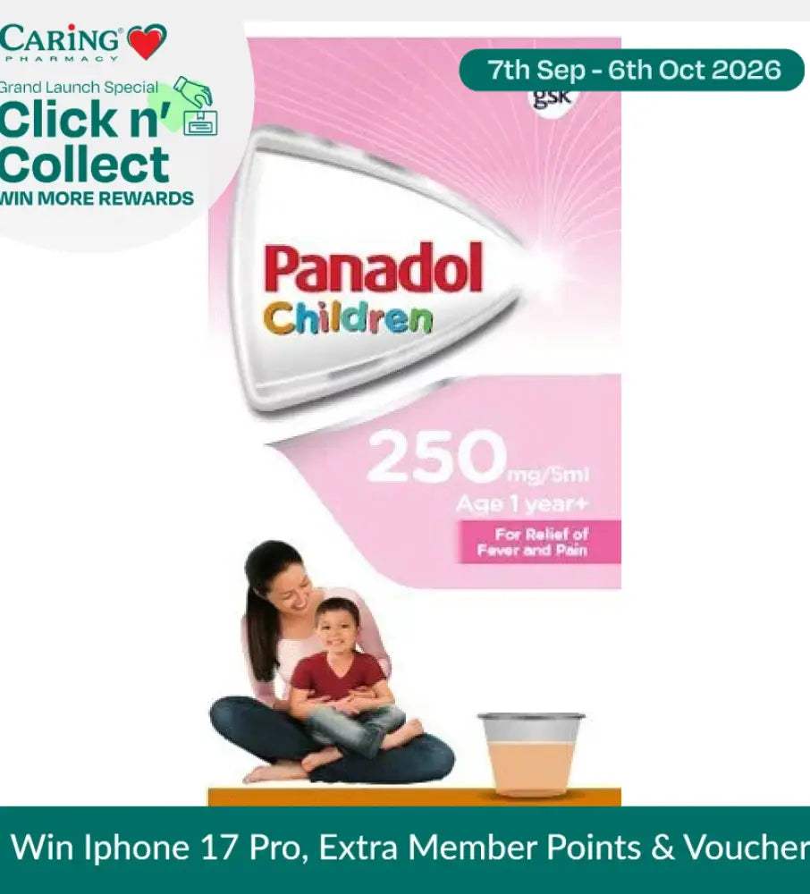 Panadol Suspension 250mg for children in orange flavor, 60 mL packaging for fever and pain relief