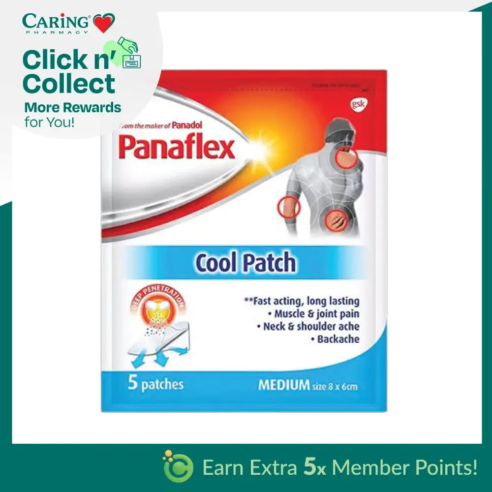 Panaflex cool patch for pain relief in a pack of 5, designed for muscle and joint discomfort.