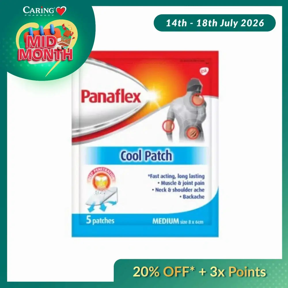 Panaflex cool patch for pain relief in a pack of five for muscle and joint pain, neck and shoulder ache.