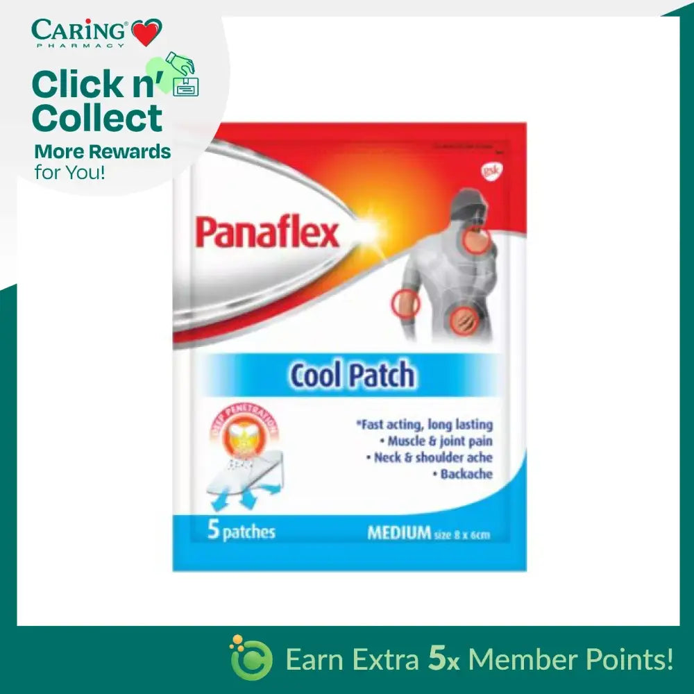 Panaflex cool patch for pain relief in a pack of five for muscle and joint pain, neck and shoulder ache.