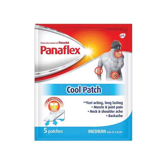 Panaflex cool patch for pain relief in a pack of 5, designed for muscle and joint discomfort.