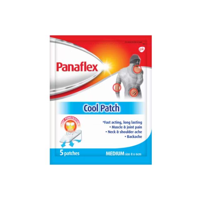 Panaflex cool patch for pain relief in a pack of five for muscle and joint pain, neck and shoulder ache.