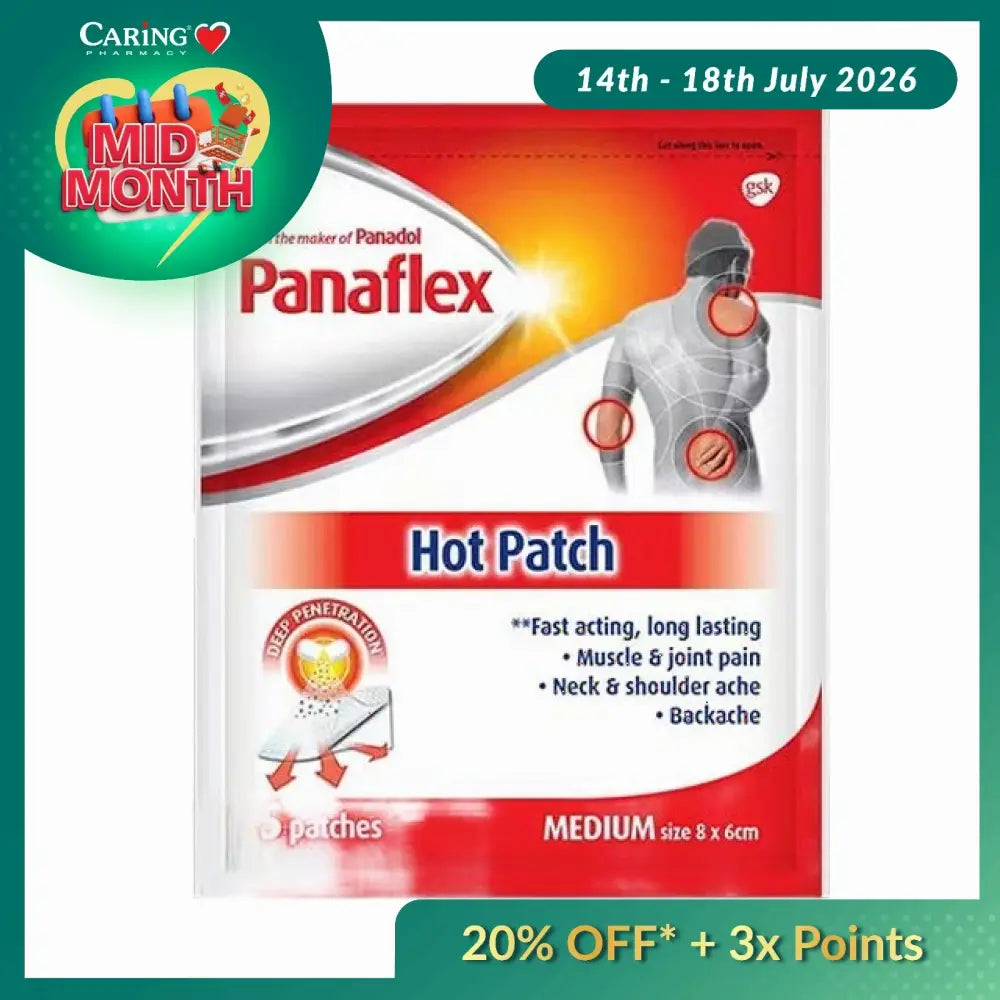 Panaflex hot patch for pain relief in a pack of 5, designed for muscle and joint pain relief