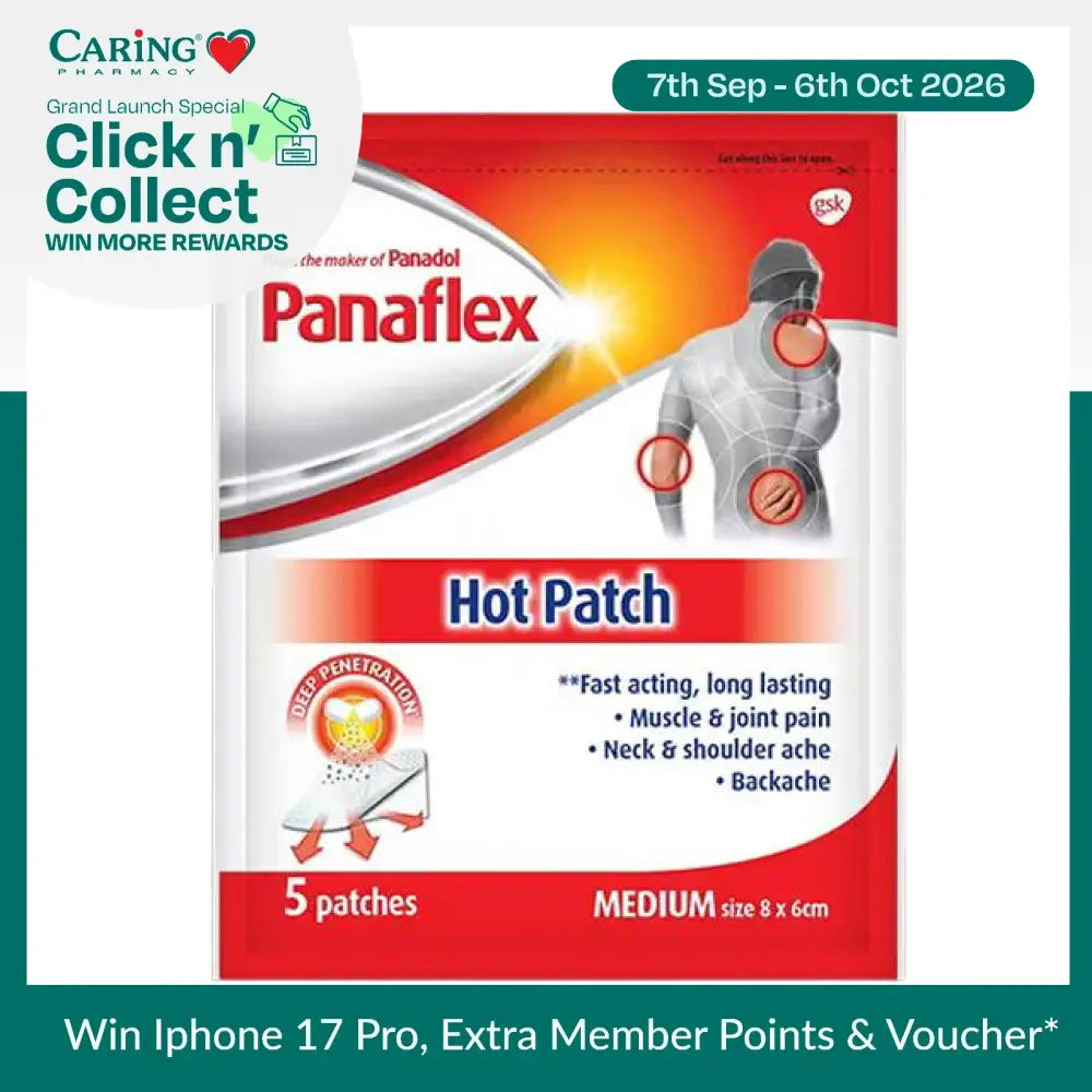 Panaflex hot patch for pain relief in a pack of 5, designed for muscle and joint pain relief