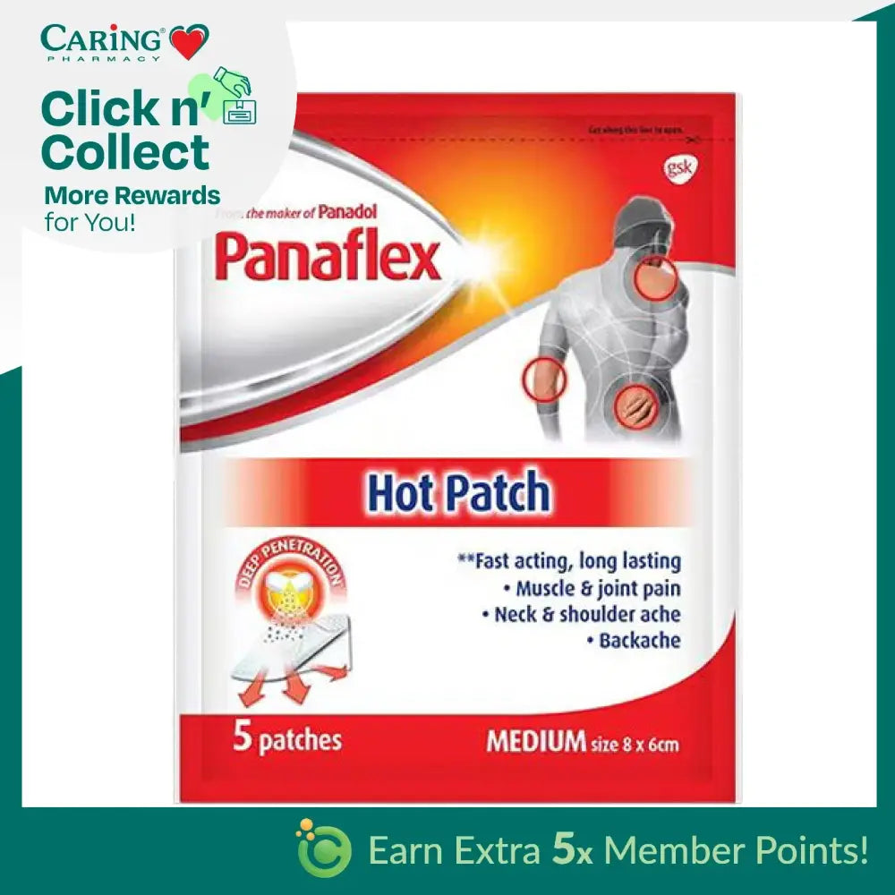Panaflex hot patch for pain relief in a pack of 5, designed for muscle and joint pain relief