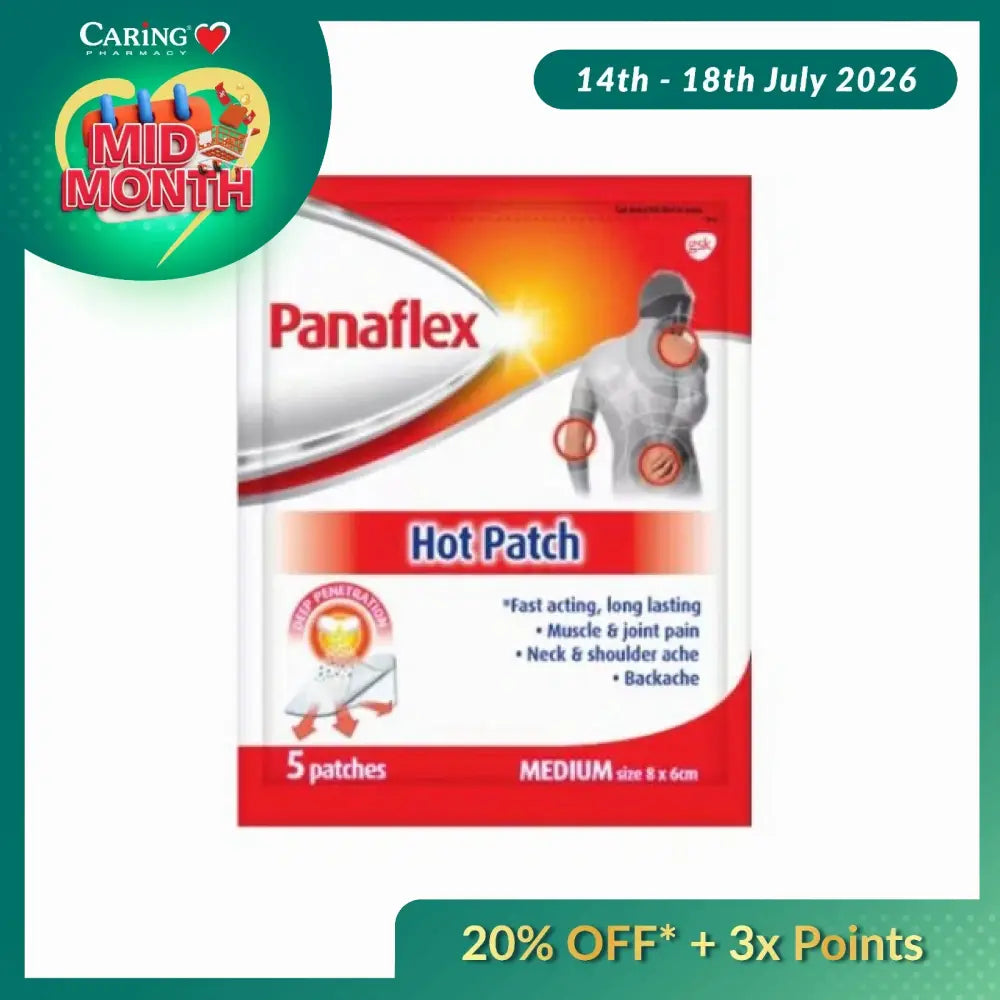 Panaflex hot patch pain relief pack containing five medium patches for muscle and joint pain relief