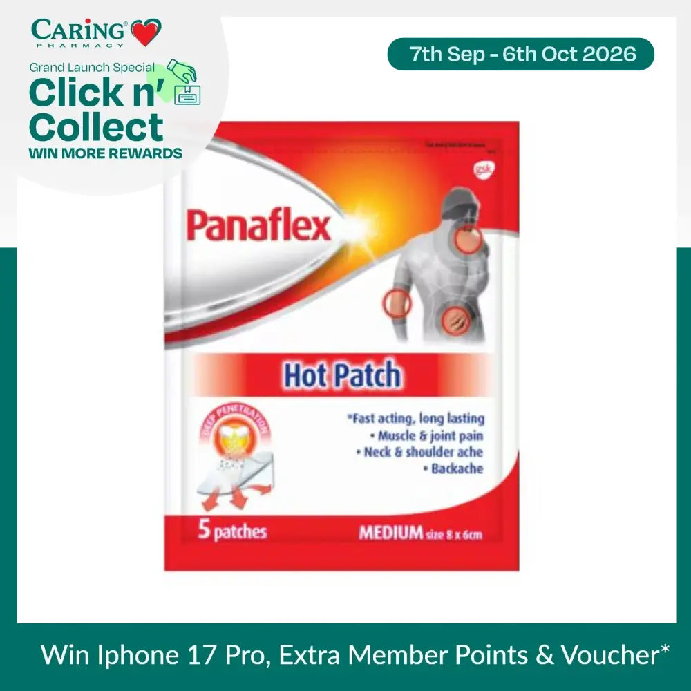 Panaflex hot patch pain relief pack containing five medium patches for muscle and joint pain relief