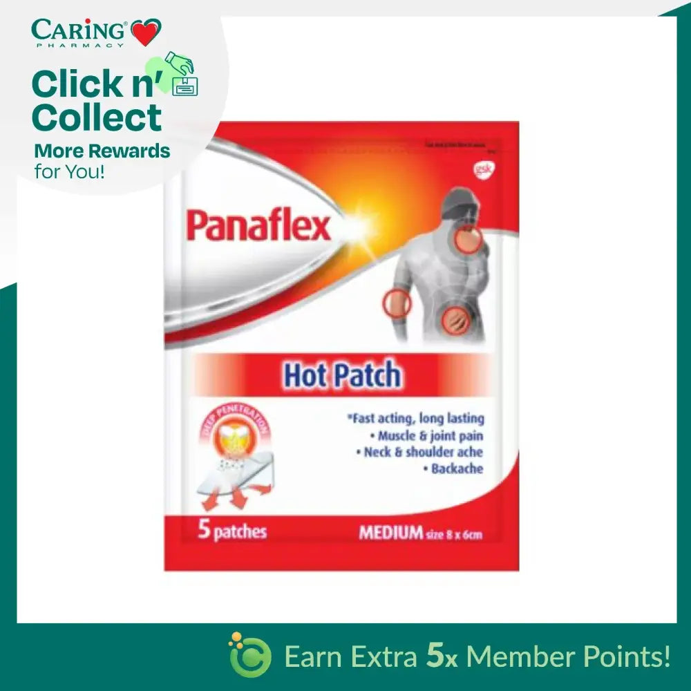 Panaflex hot patch pain relief pack containing five medium patches for muscle and joint pain relief