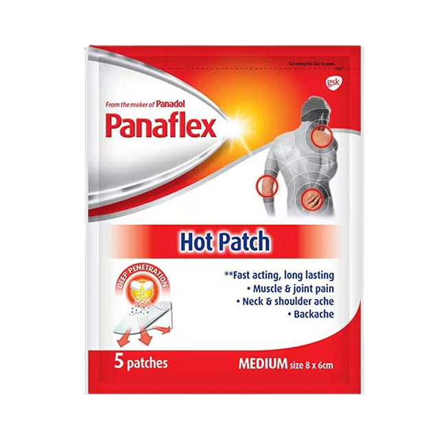 Panaflex hot patch for pain relief in a pack of 5, designed for muscle and joint pain relief