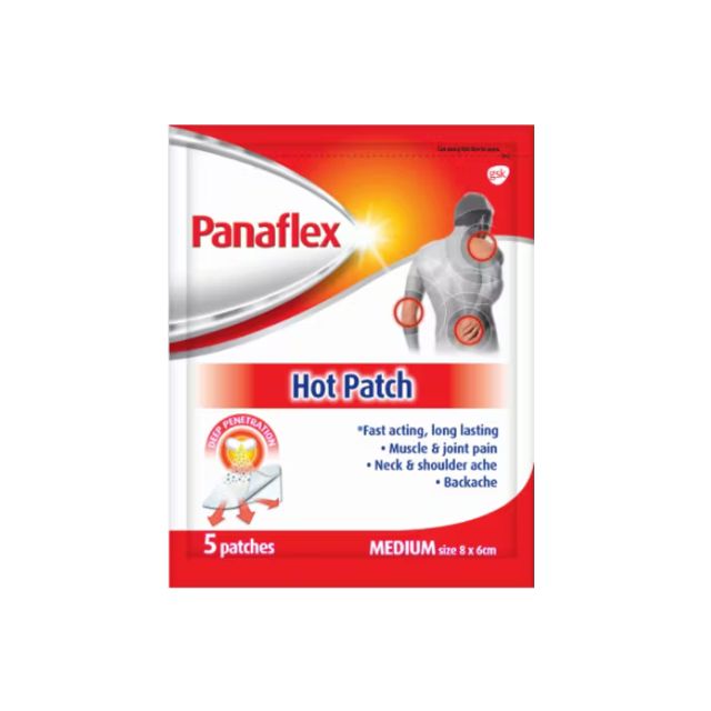 Panaflex hot patch pain relief pack containing five medium patches for muscle and joint pain relief