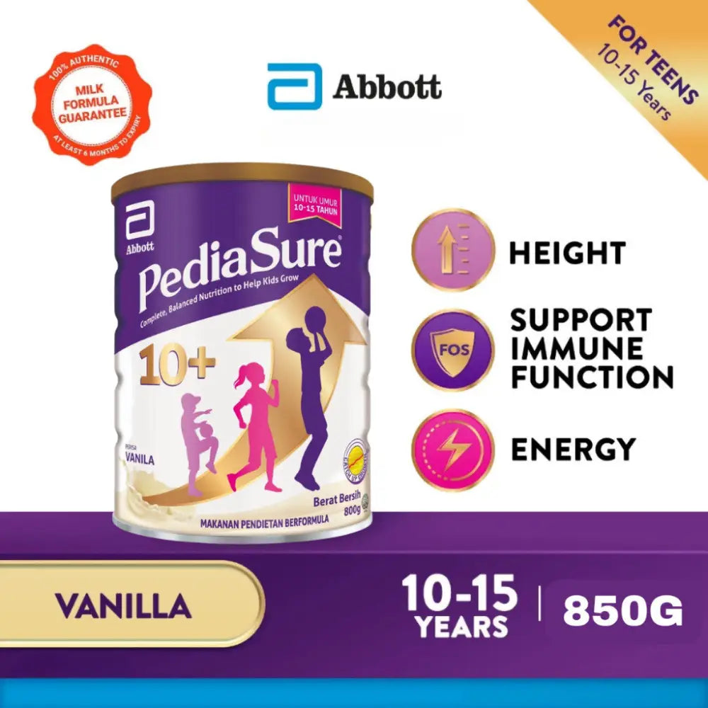 PediaSure 10+ Vanilla 850g can featuring nutrition details for teens aged 10 to 15 years