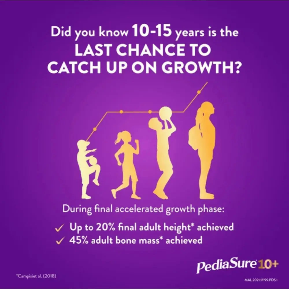 PediaSure 10+ Vanilla 850g promotional graphic highlighting growth milestones for children aged 10 to 15 years