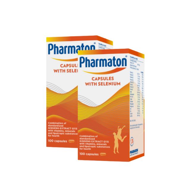 Pharmaton capsules with selenium packed in boxes, offering essential nutrients for health, 100 capsules each