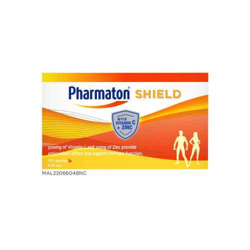 Pharmaton Shield capsules box featuring 500mg Vitamin C and 10mg Zinc for immune support