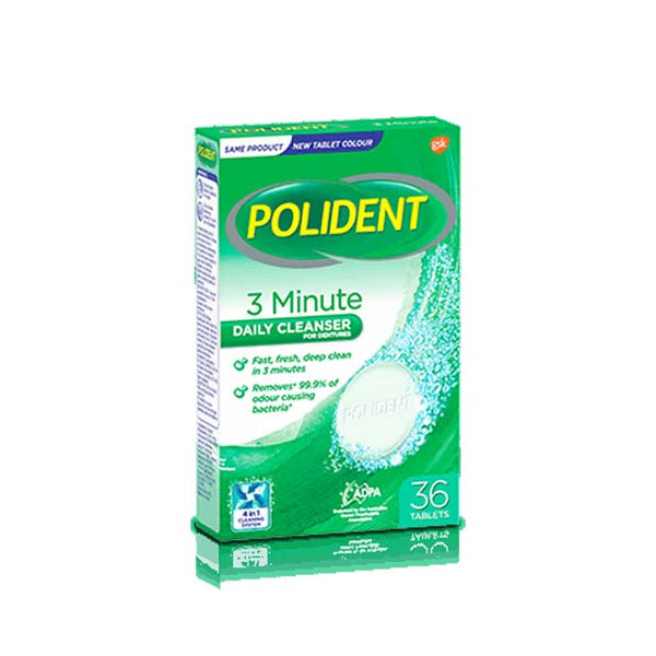 Polident 3 minute cleanser tablets packaging with 36 tablets for quick and effective cleaning