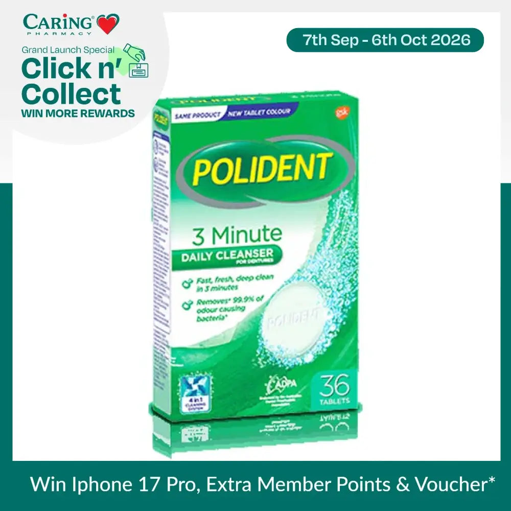 Polident 3 minute cleanser tablets packaging with 36 tablets for quick and effective cleaning