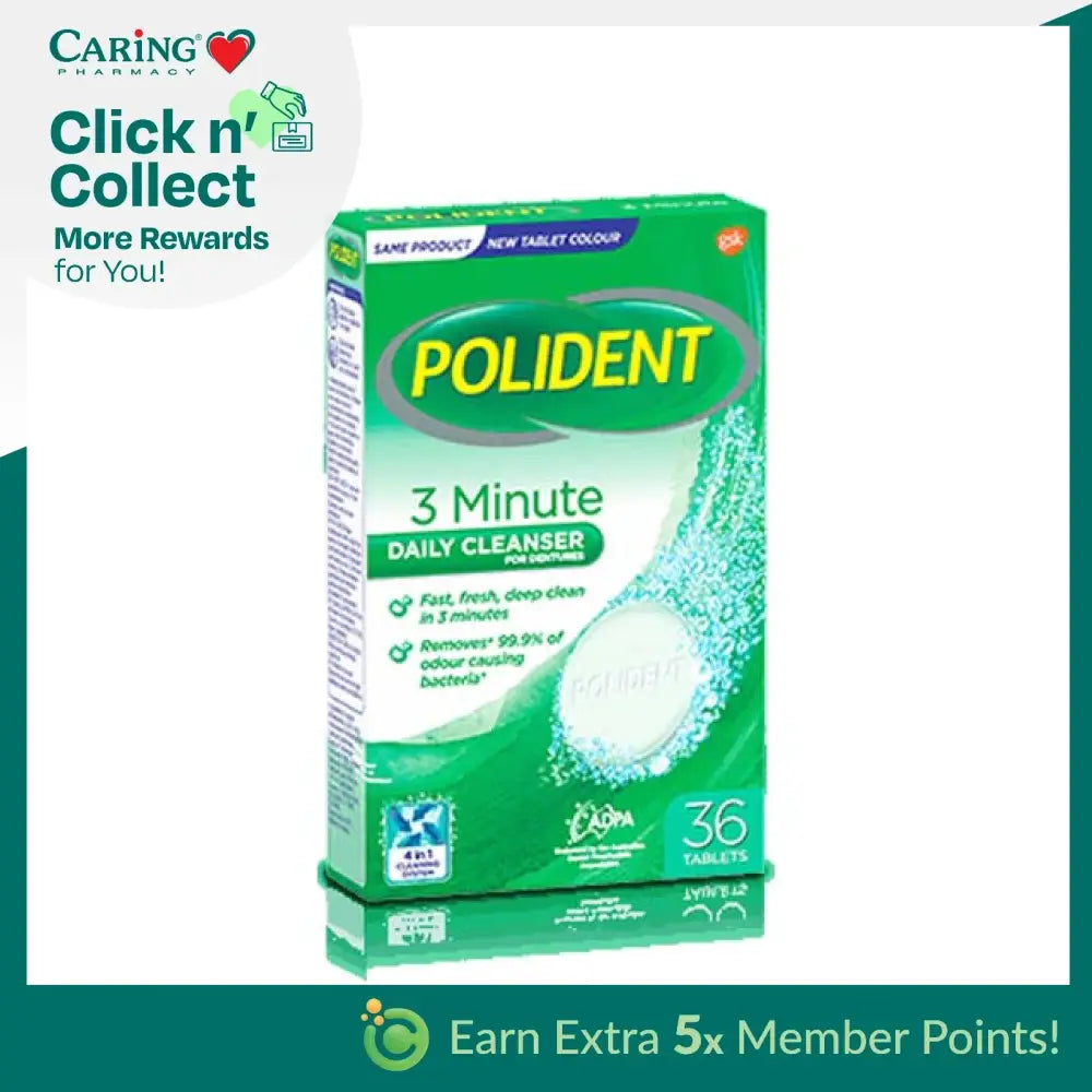 Polident 3 minute cleanser tablets packaging with 36 tablets for quick and effective cleaning