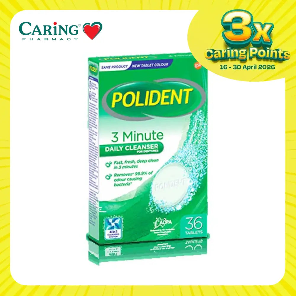 Polident 3 minute cleanser tablets packaging with 36 tablets for quick and effective cleaning