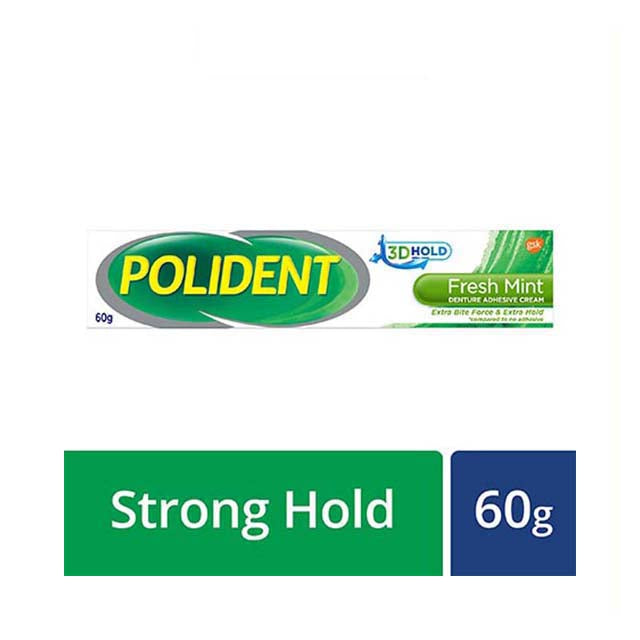 Polident denture adhesive cream in Fresh Mint flavor for a strong hold and comfortable fit