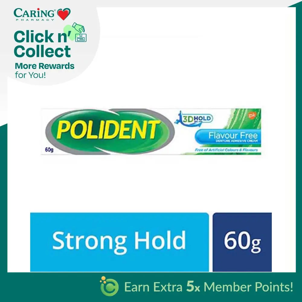 Polident Flavour Free Denture Adhesive Cream with Strong Hold, 60g tube for secure denture fit